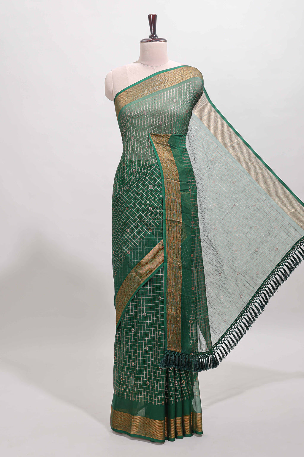 Green checked zari butta dola silk saree with self zari border and matching blouse