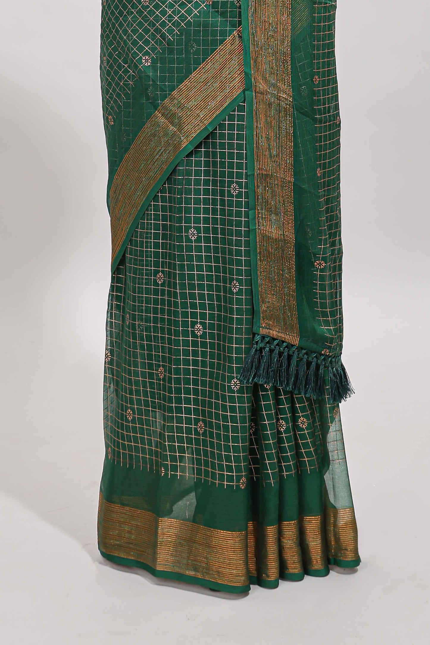 Green checked zari butta dola silk saree with self zari border and matching blouse