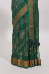Green checked zari butta dola silk saree with self zari border and matching blouse