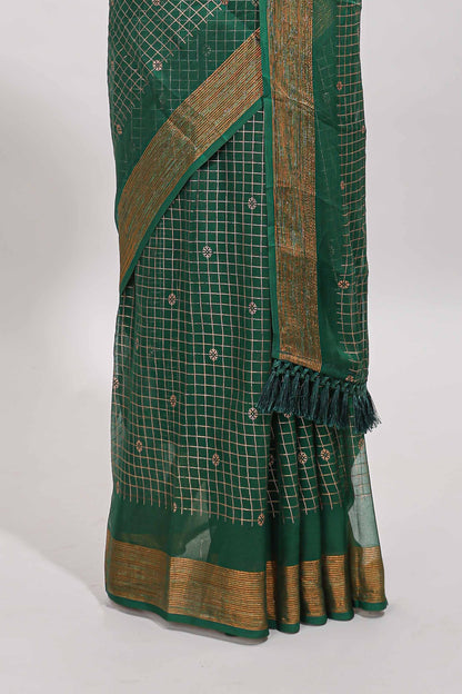 Green checked zari butta dola silk saree with self zari border and matching blouse