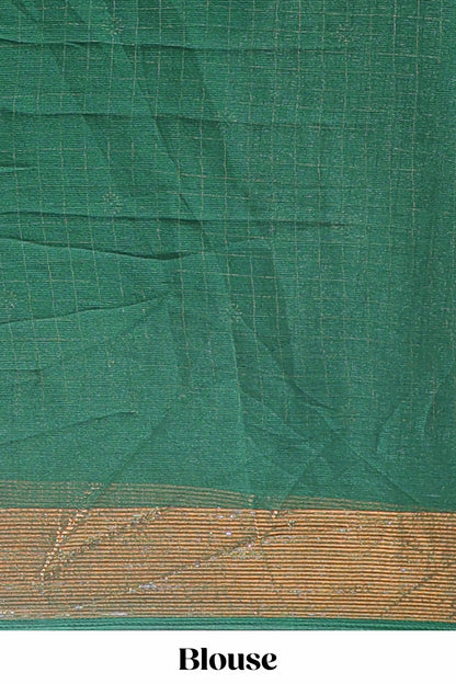 Green checked zari butta dola silk saree with self zari border and matching blouse