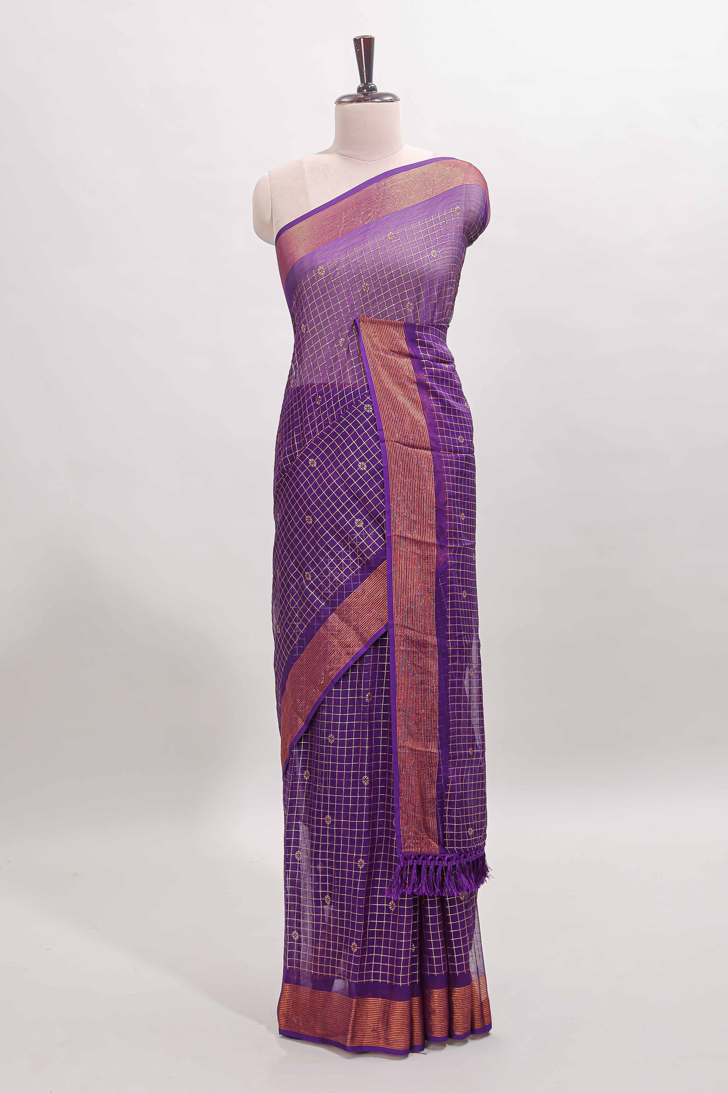 Violet checked zari butta dola silk saree with self zari border and matching blouse