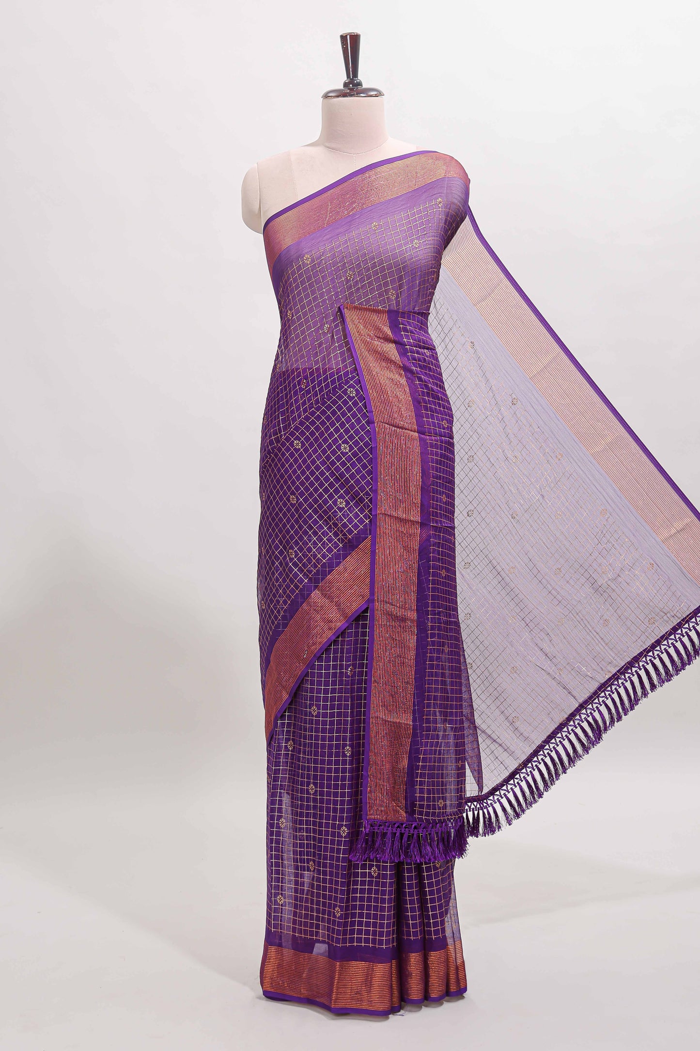 Violet checked zari butta dola silk saree with self zari border and matching blouse