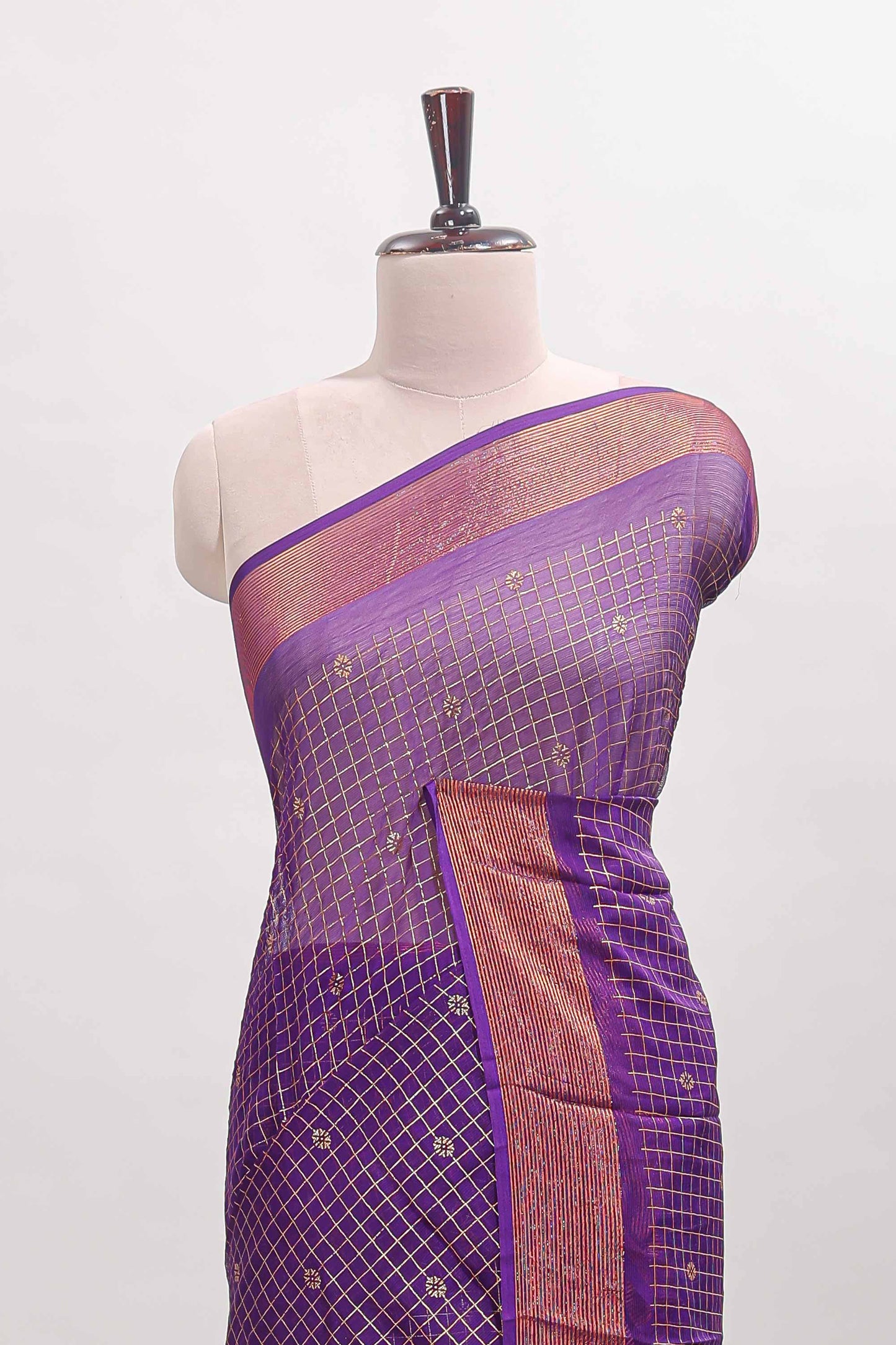 Violet checked zari butta dola silk saree with self zari border and matching blouse
