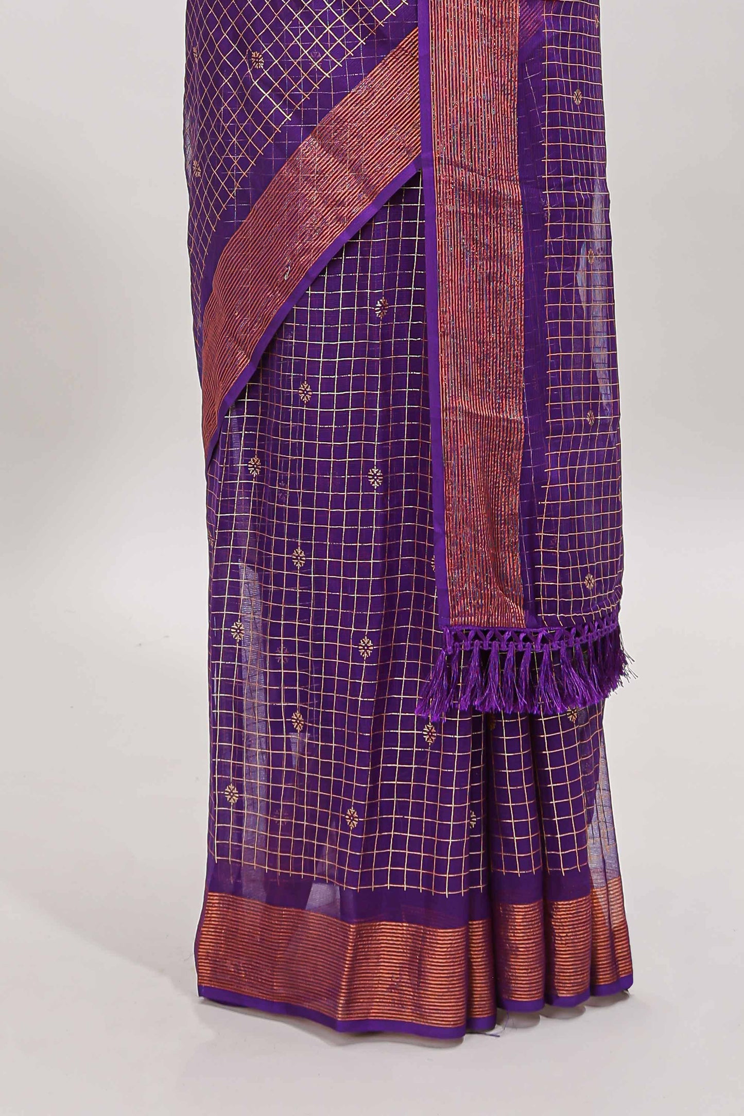 Violet checked zari butta dola silk saree with self zari border and matching blouse