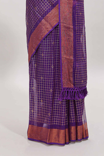 Violet checked zari butta dola silk saree with self zari border and matching blouse