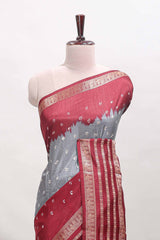 Grey unique buttas dola silk saree with contrast zari border and blouse