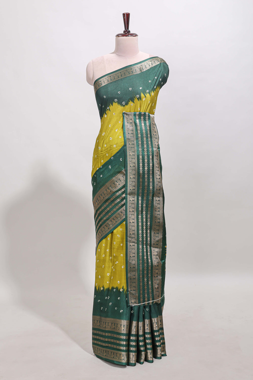 Lemon yellow unique buttas dola silk saree with contrast zari border and blouse
