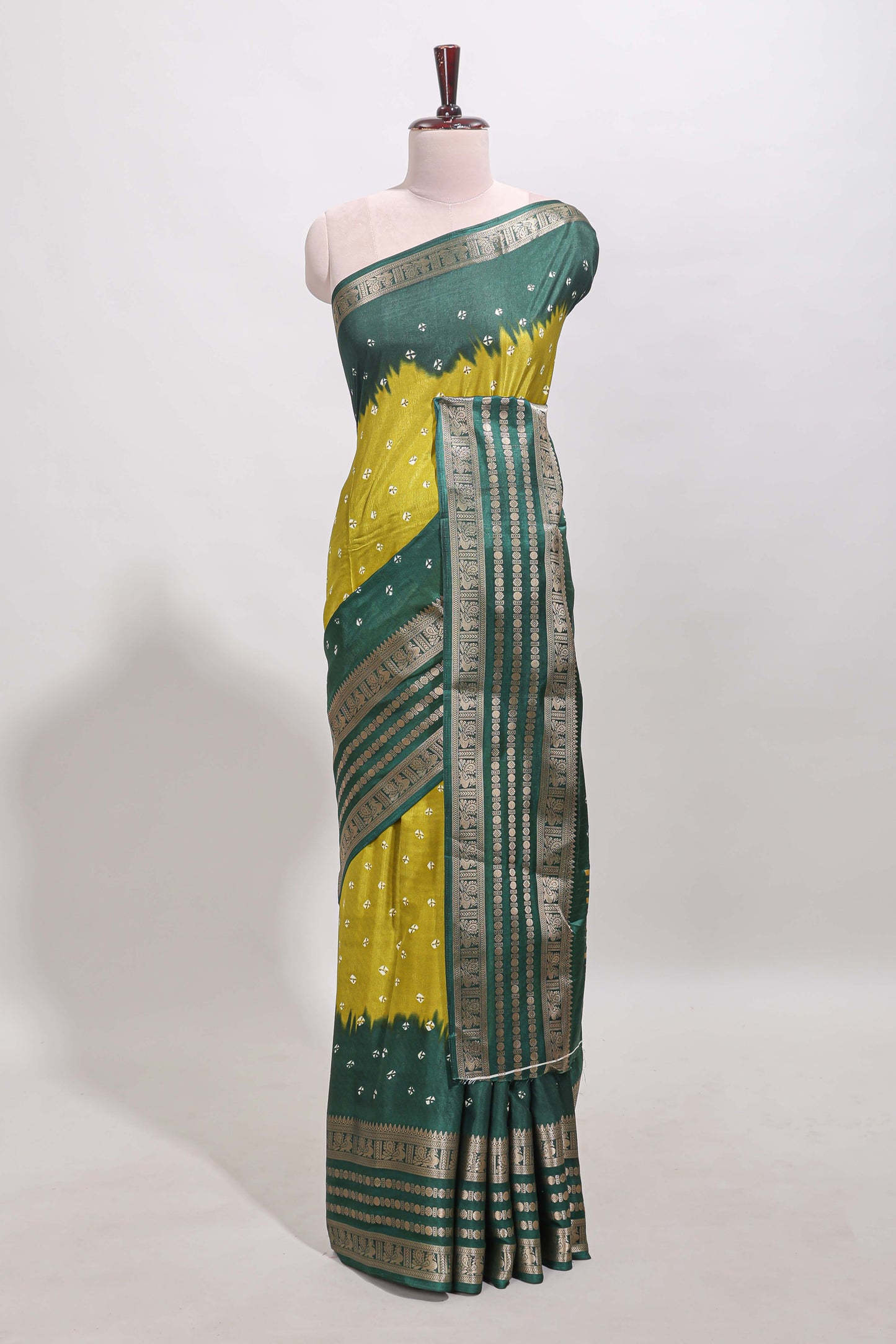 Lemon yellow unique buttas dola silk saree with contrast zari border and blouse