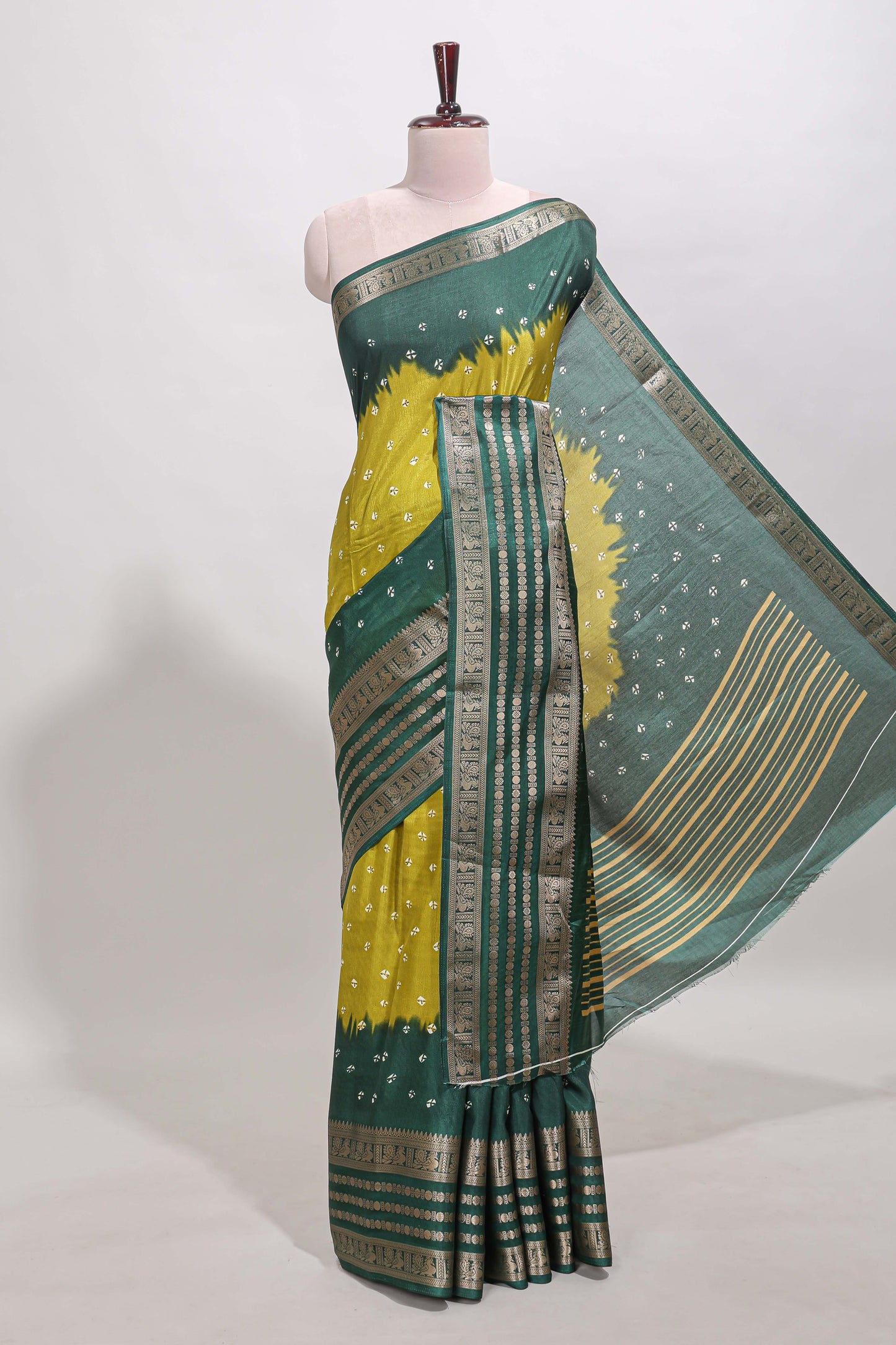 Lemon yellow unique buttas dola silk saree with contrast zari border and blouse