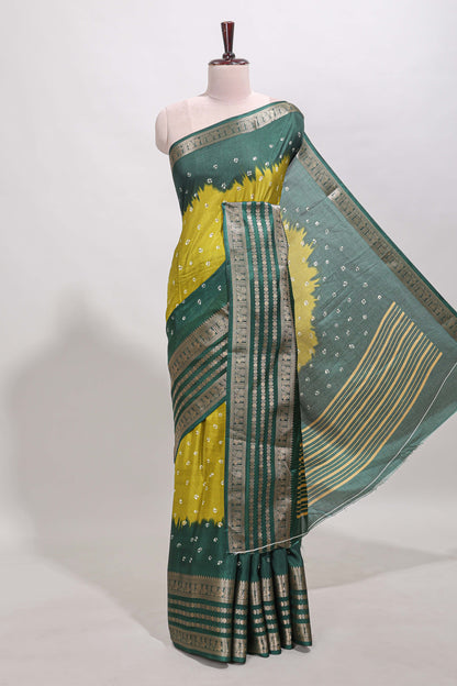 Lemon yellow unique buttas dola silk saree with contrast zari border and blouse