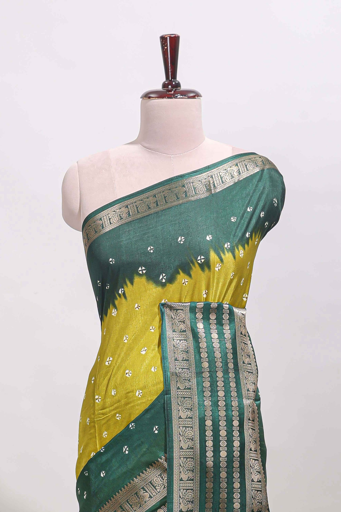 Lemon yellow unique buttas dola silk saree with contrast zari border and blouse