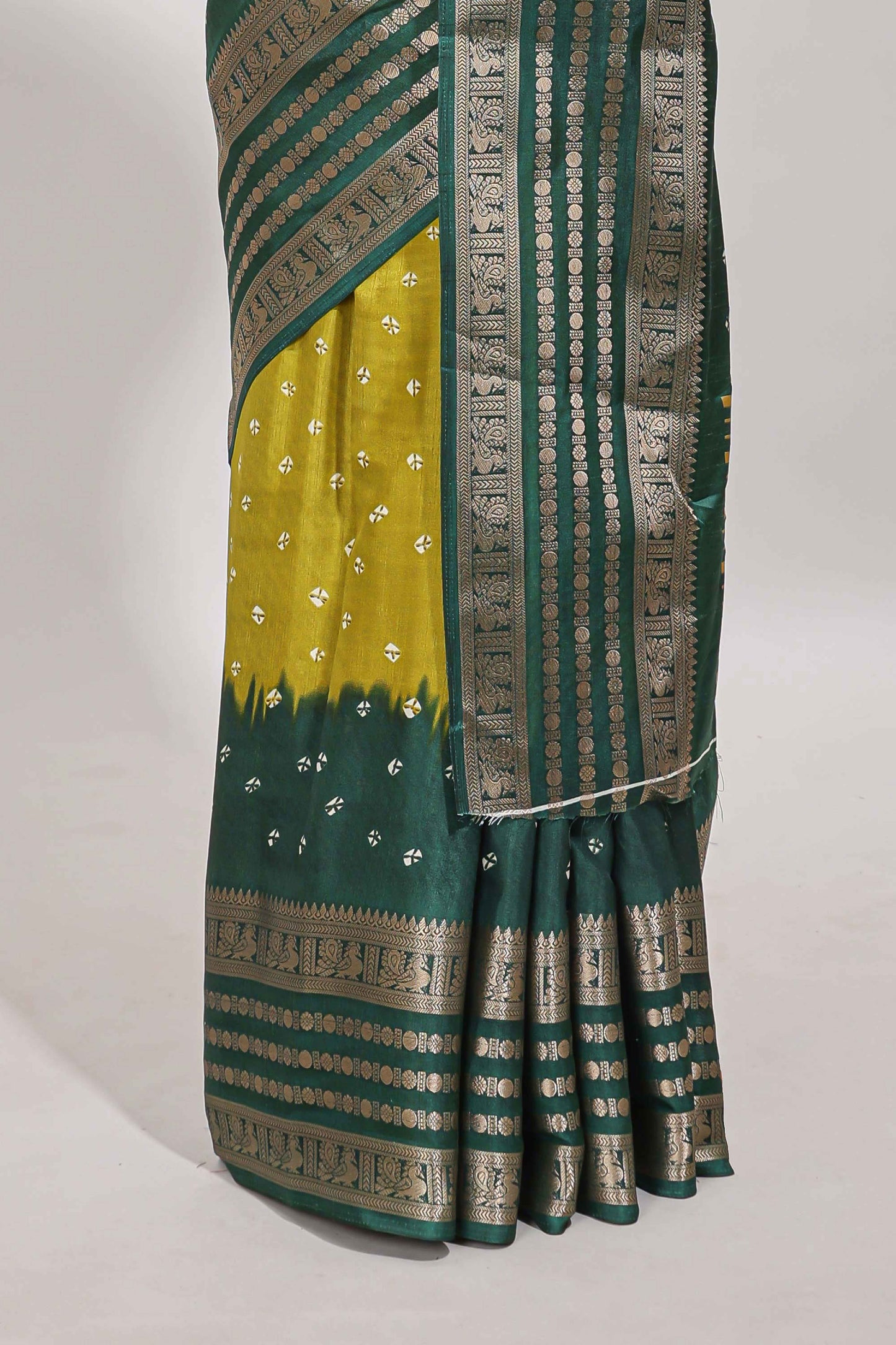 Lemon yellow unique buttas dola silk saree with contrast zari border and blouse