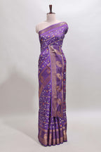 Violet zari striped floral vine design dola silk saree with self border and matching blouse