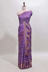 Violet zari striped floral vine design dola silk saree with self border and matching blouse
