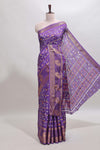Violet zari striped floral vine design dola silk saree with self border and matching blouse