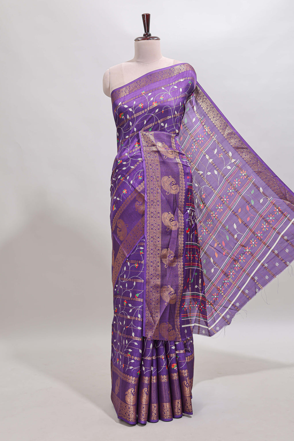 Violet zari striped floral vine design dola silk saree with self border and matching blouse