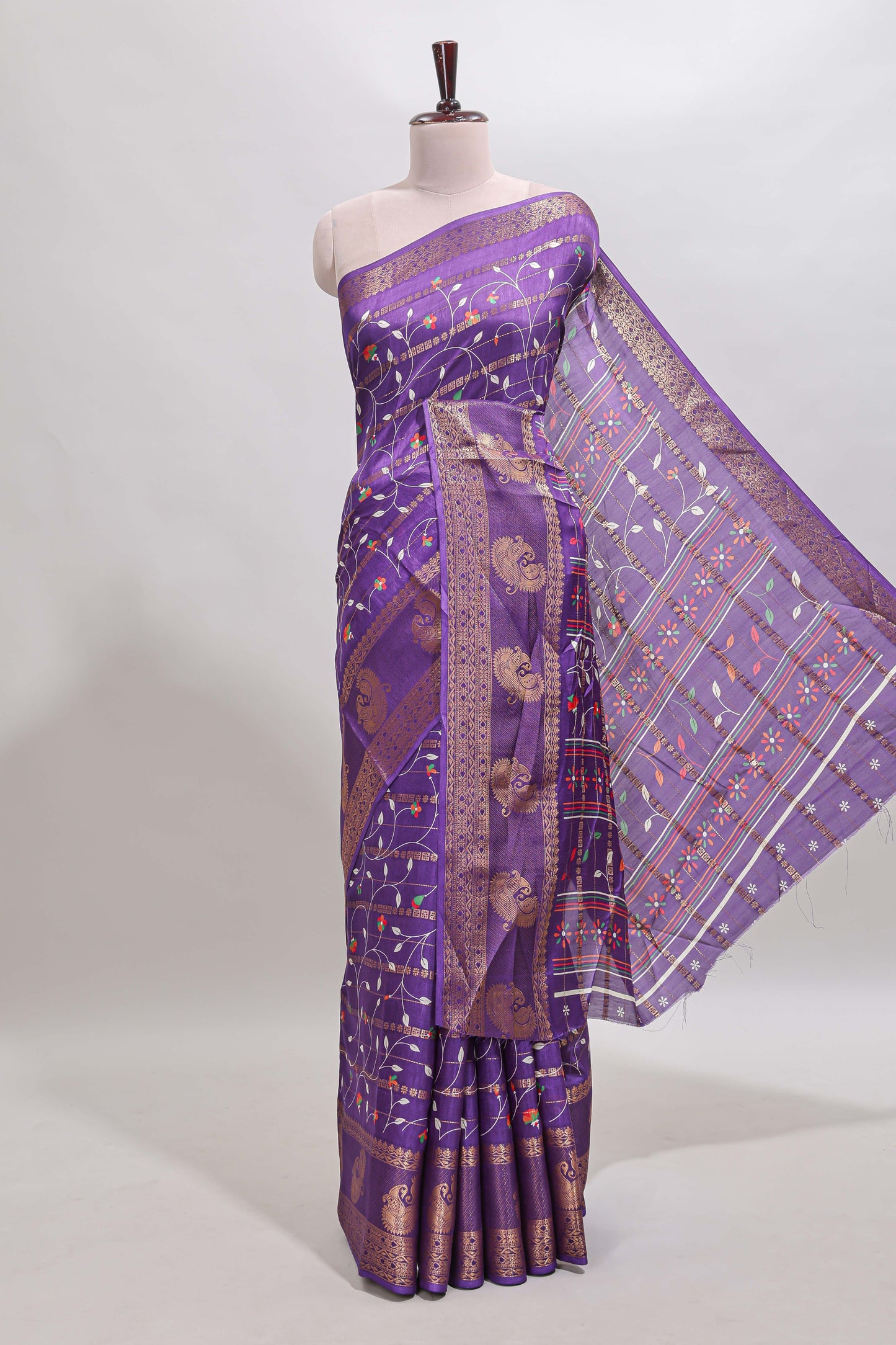 Violet zari striped floral vine design dola silk saree with self border and matching blouse