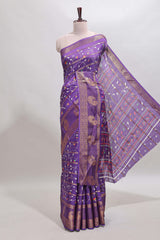 Violet zari striped floral vine design dola silk saree with self border and matching blouse