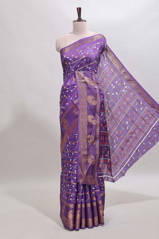 Violet zari striped floral vine design dola silk saree with self border and matching blouse