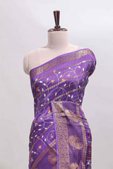 Violet zari striped floral vine design dola silk saree with self border and matching blouse
