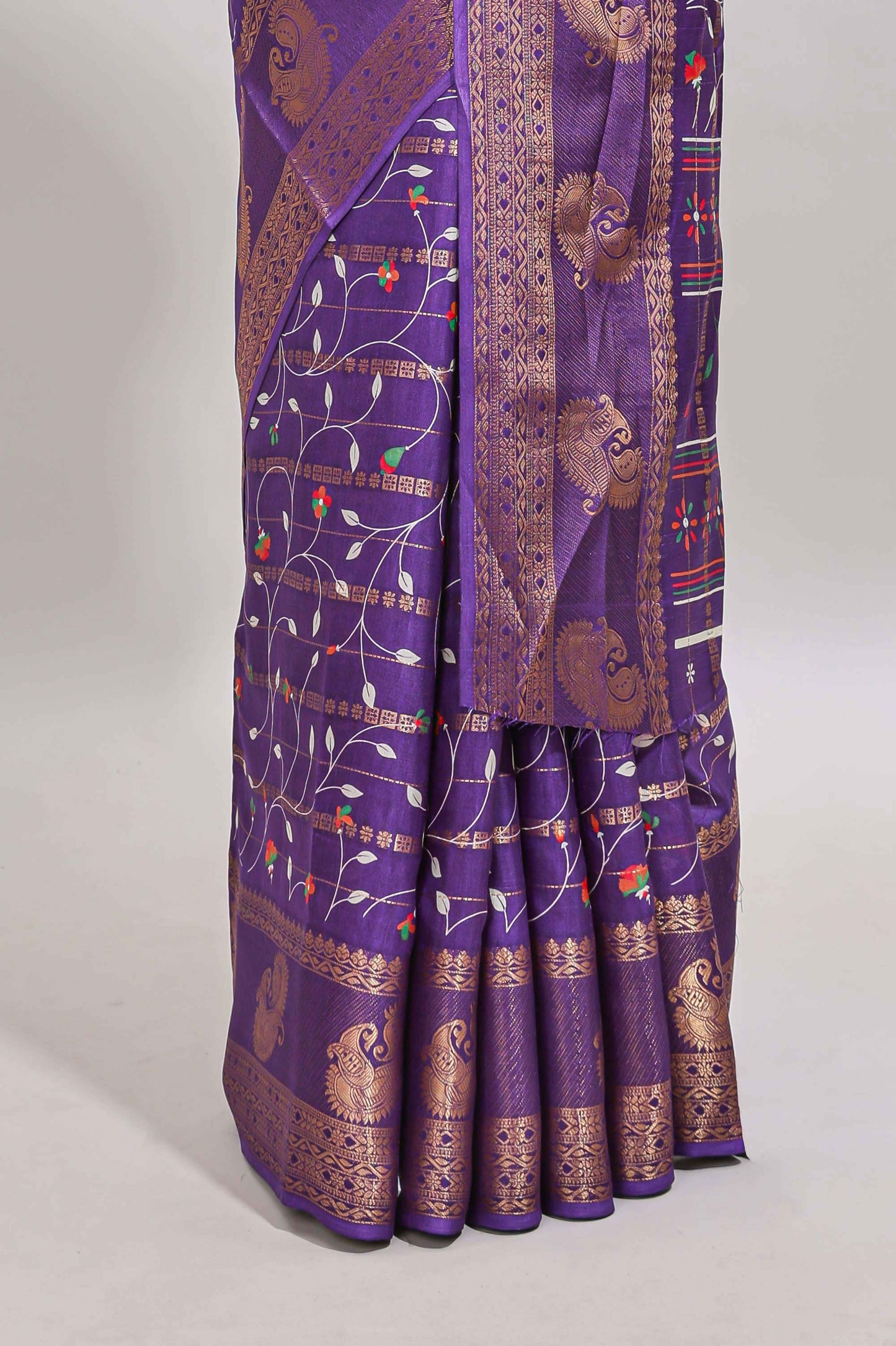 Violet zari striped floral vine design dola silk saree with self border and matching blouse