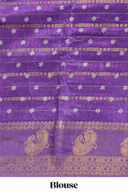 Violet zari striped floral vine design dola silk saree with self border and matching blouse