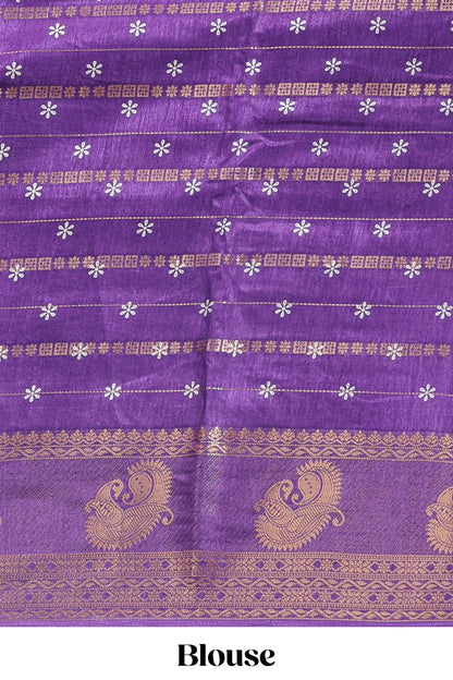 Violet zari striped floral vine design dola silk saree with self border and matching blouse