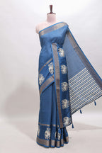 Blue checked elephant motifs dola silk saree with self zari border and striped pallu