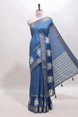 Blue checked elephant motifs dola silk saree with self zari border and striped pallu