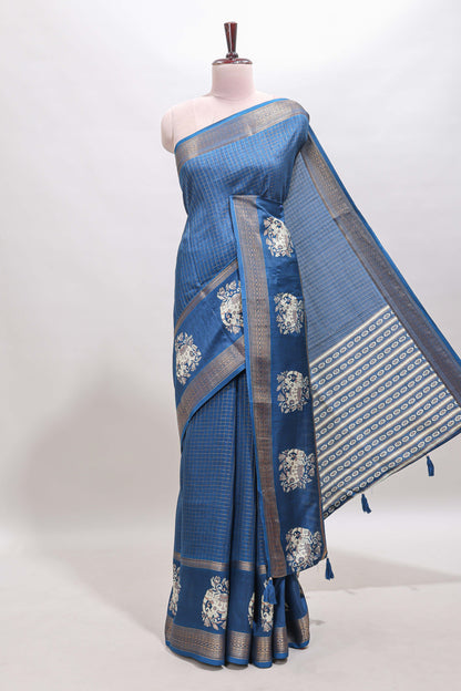 Blue checked elephant motifs dola silk saree with self zari border and striped pallu