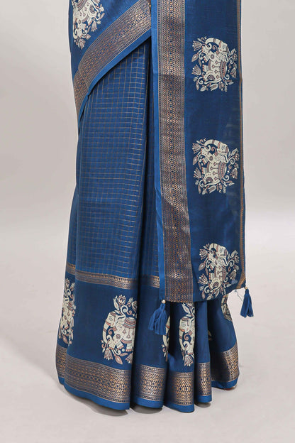 Blue checked elephant motifs dola silk saree with self zari border and striped pallu