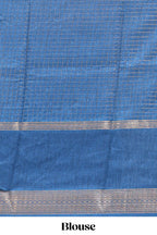 Blue checked elephant motifs dola silk saree with self zari border and striped pallu