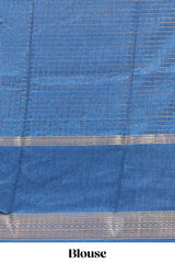 Blue checked elephant motifs dola silk saree with self zari border and striped pallu