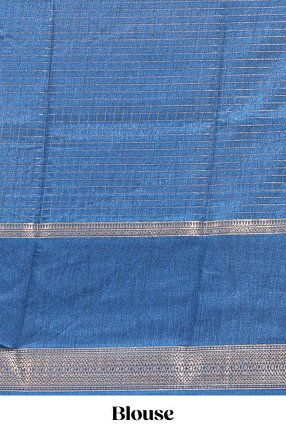Blue checked elephant motifs dola silk saree with self zari border and striped pallu