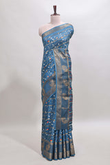 Midnight blue zari striped floral vine design dola silk saree with self border and matching blouse