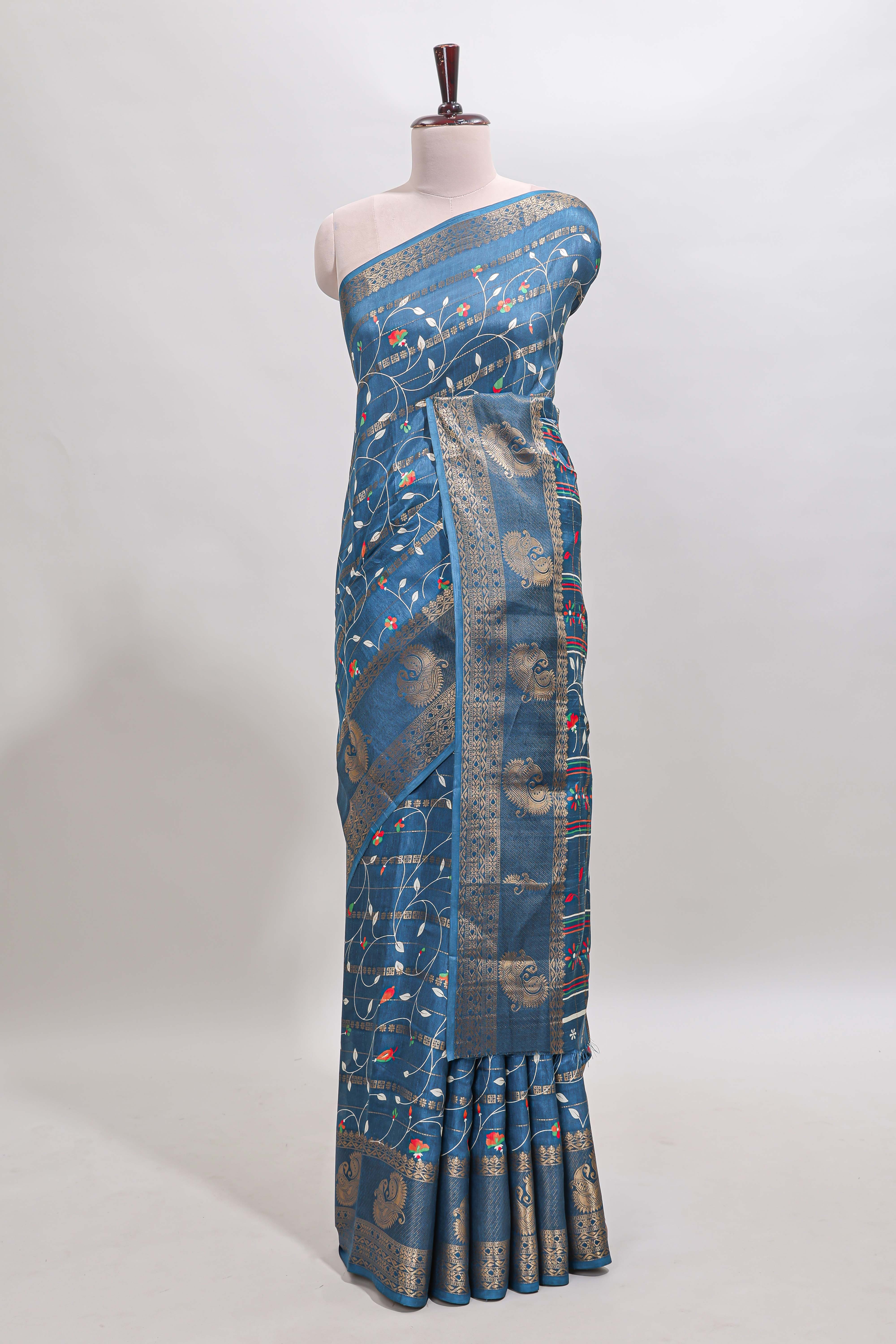 Midnight blue zari striped floral vine design dola silk saree with self border and matching blouse