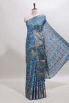 Midnight blue zari striped floral vine design dola silk saree with self border and matching blouse