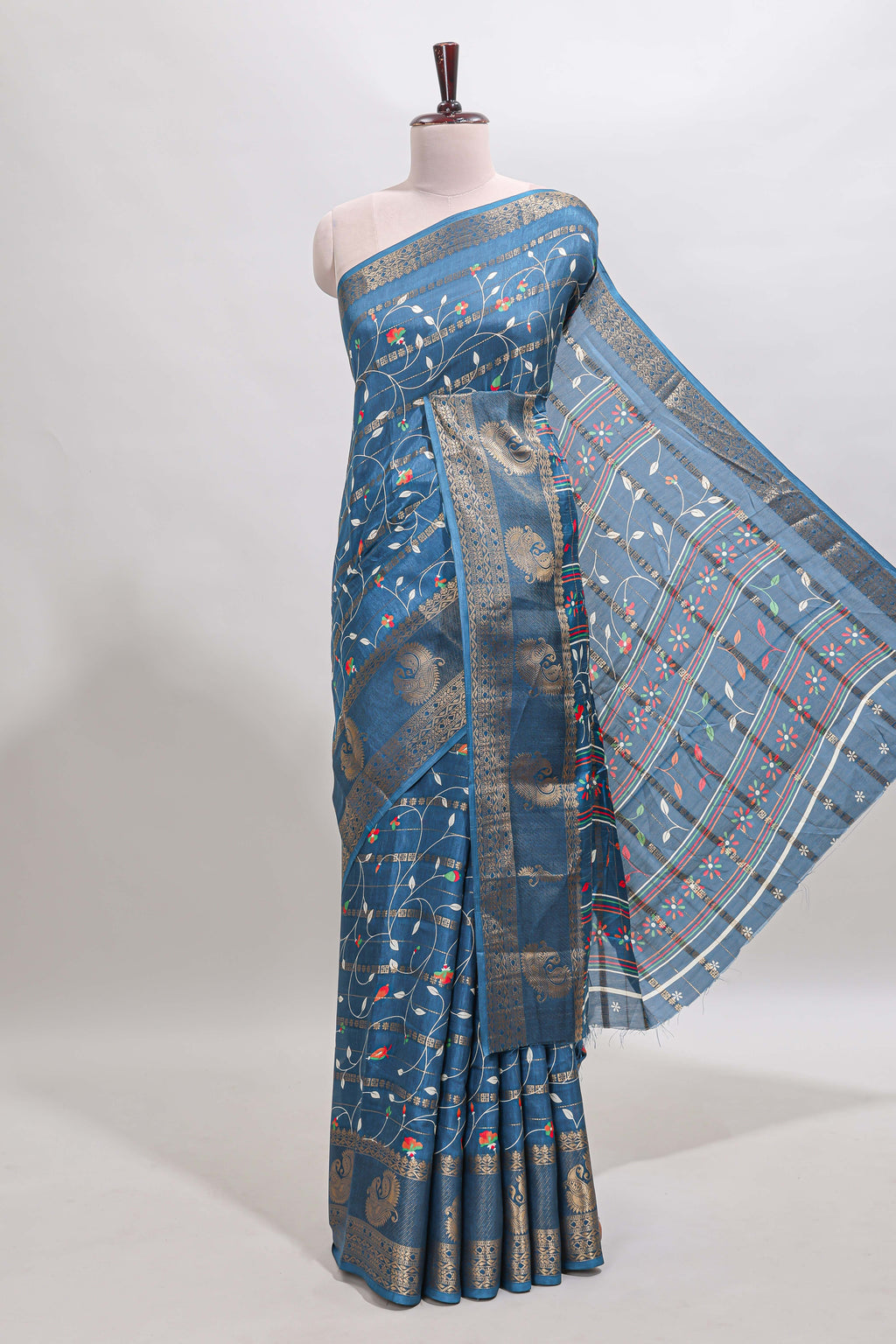 Midnight blue zari striped floral vine design dola silk saree with self border and matching blouse