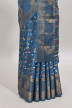 Midnight blue zari striped floral vine design dola silk saree with self border and matching blouse