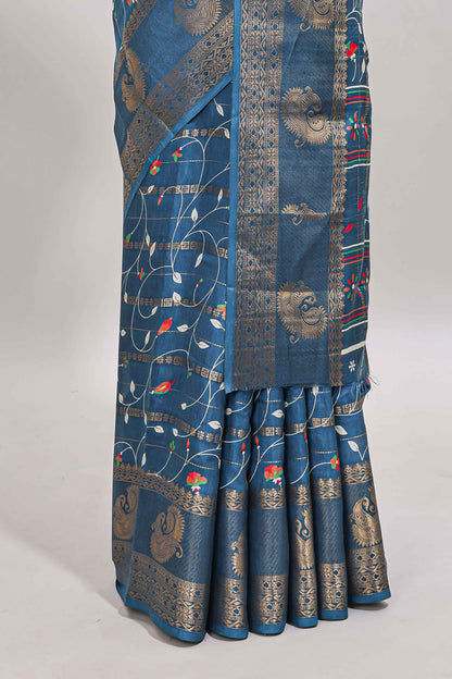 Midnight blue zari striped floral vine design dola silk saree with self border and matching blouse