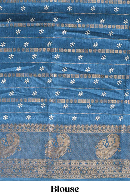 Midnight blue zari striped floral vine design dola silk saree with self border and matching blouse