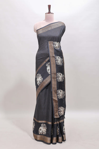 Black checked elephant motifs dola silk saree with self zari border and striped pallu