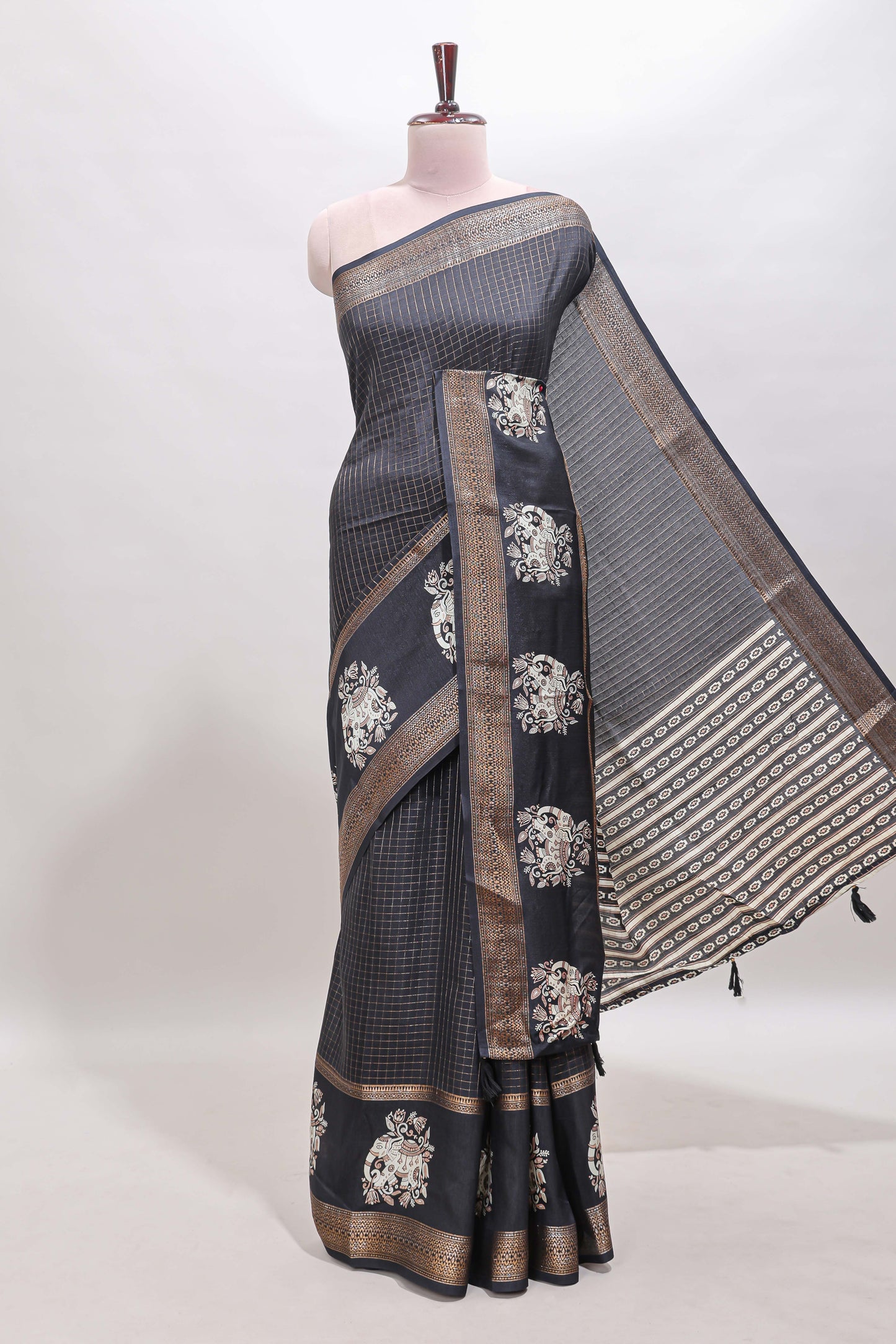 Black checked elephant motifs dola silk saree with self zari border and striped pallu