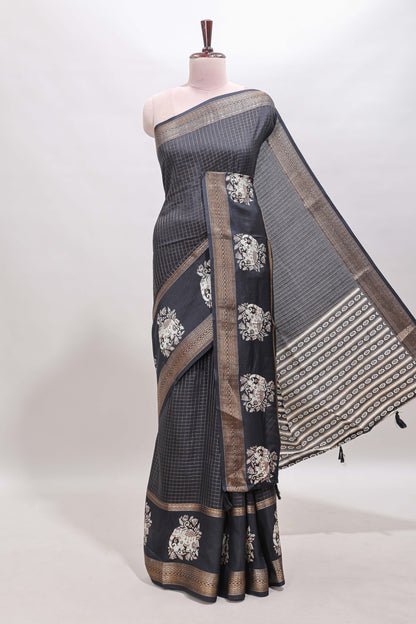 Black checked elephant motifs dola silk saree with self zari border and striped pallu