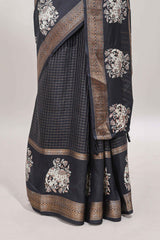 Black checked elephant motifs dola silk saree with self zari border and striped pallu