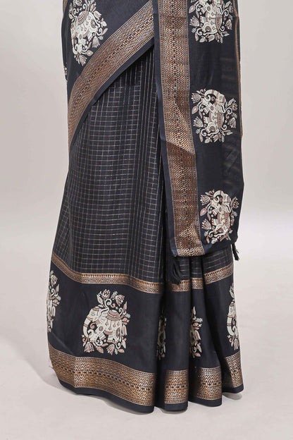 Black checked elephant motifs dola silk saree with self zari border and striped pallu