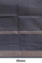 Black checked elephant motifs dola silk saree with self zari border and striped pallu