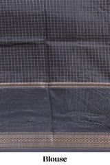 Black checked elephant motifs dola silk saree with self zari border and striped pallu