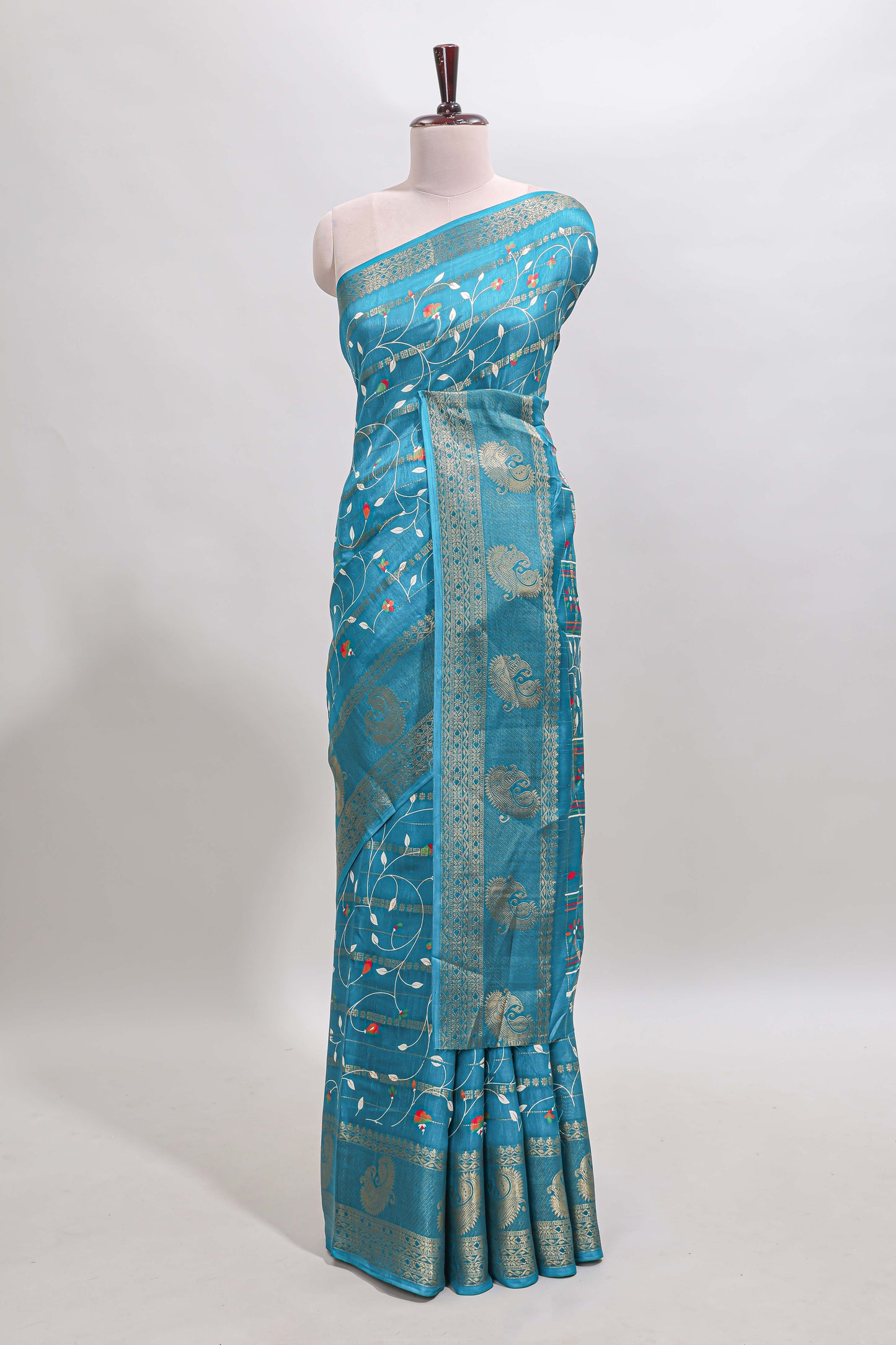 Midnight green zari striped floral vine design dola silk saree with self border and matching blouse